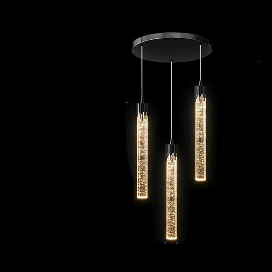 Chandelier with three hanging lights, each with dimensions indicated on a black background.