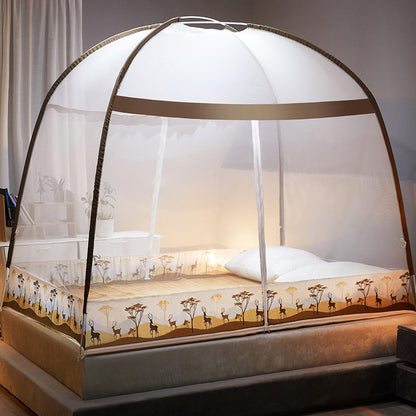 Bed with a mosquito net in a bedroom setting