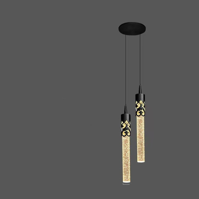 Black pendant light with decorative elements and measurements on a gray background