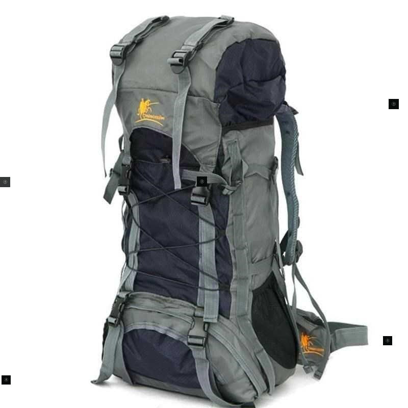 Gray and navy hiking backpack with visible brand logo on a white background