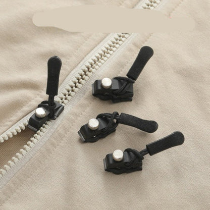 Black zipper pullers on a beige fabric background with text indicating size mix.