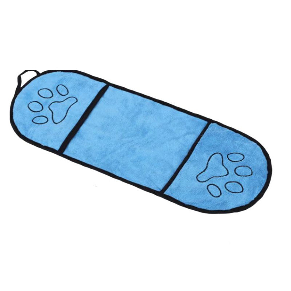 Blue towel with paw prints and dimensions on a white background