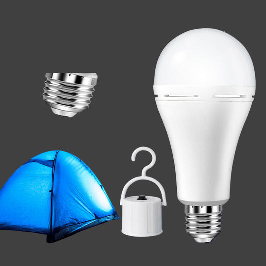 Outdoor emergency lighting bulb with camping scene and product details.