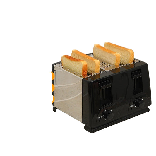 Toaster with four slices of bread on a kitchen counter, featuring text and icons about its features.