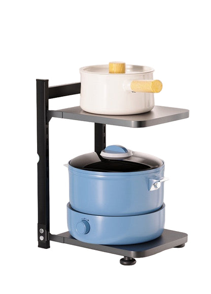 Kitchen storage rack with pots and measurements on a white background