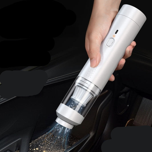 Cordless vacuum cleaner with text highlighting features on a black background
