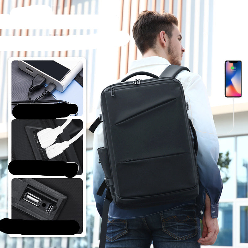 Man carrying a black backpack with USB charging port features highlighted