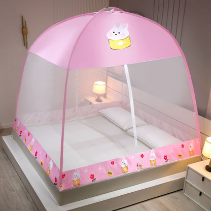 Pink children's bed canopy with cartoon character on a bed in a room.