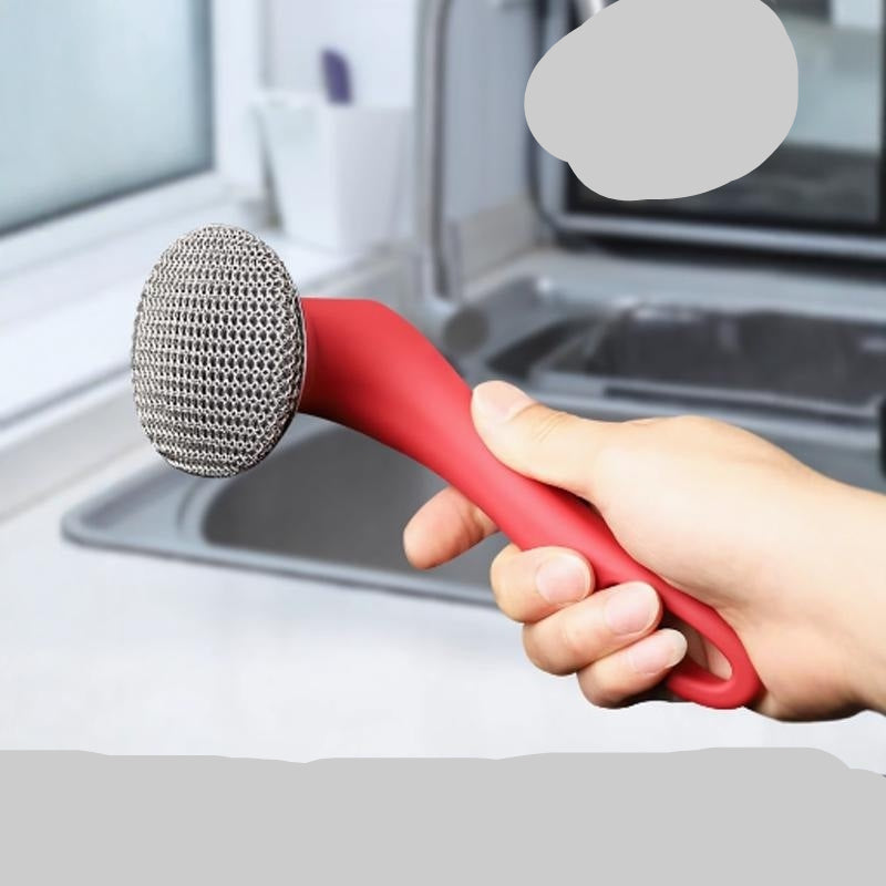 Red scrubber with metal mesh handle held by a hand, with text promoting its use over household steel wool.