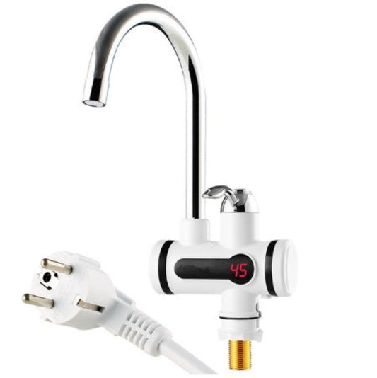 Electric water heater with digital display and plug on a white background