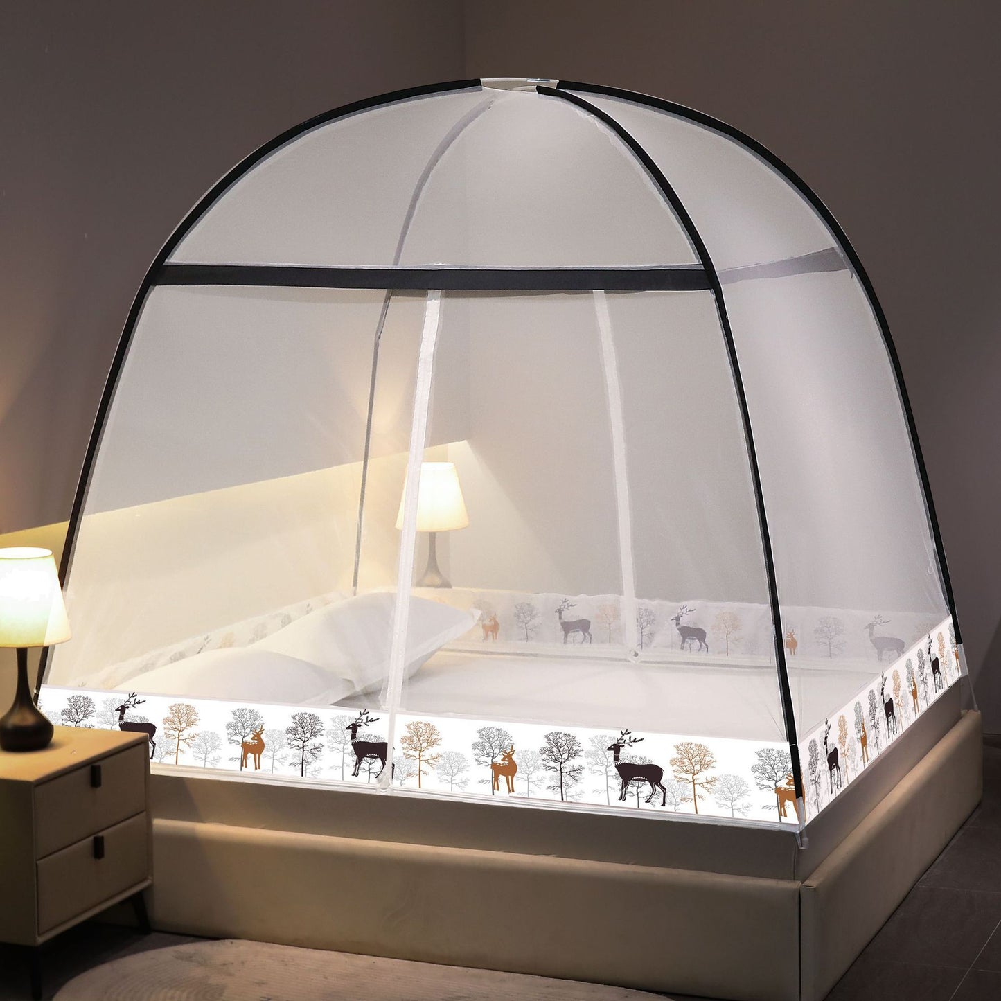 Bed with a mosquito net in a bedroom setting