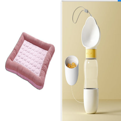 Pink textured cushion and white breast pump with yellow cap on a beige background