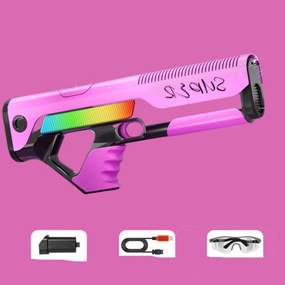 Pink electric water gun with features highlighted on a dark background
