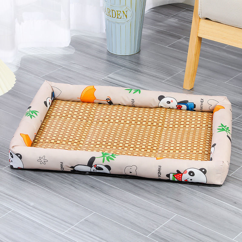 Pet bed with cartoon panda design on a tiled floor