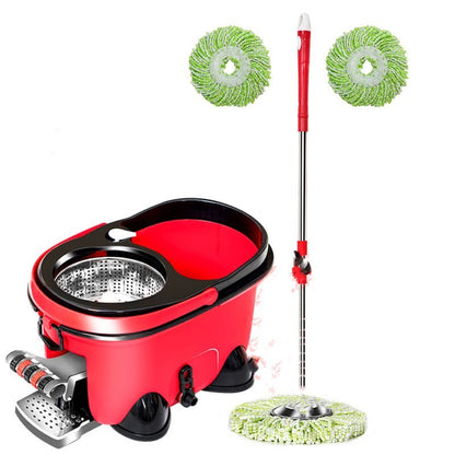 Red cleaning bucket with green mop heads on a white background