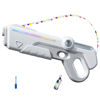 Electric pulse water gun with colorful strap on a dark background