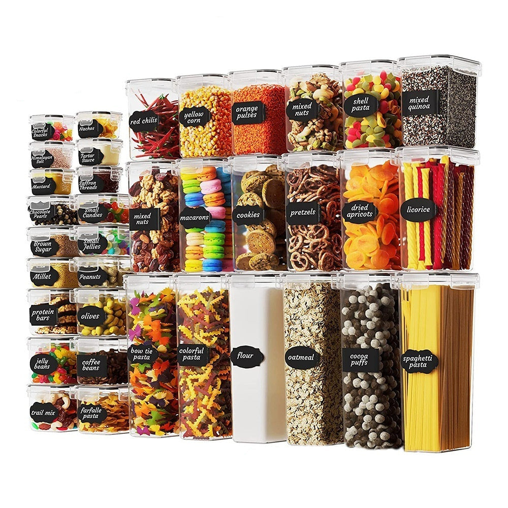 Assorted food containers with labels on a white background