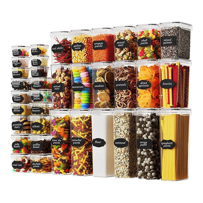 Assorted food containers with labels on a white background