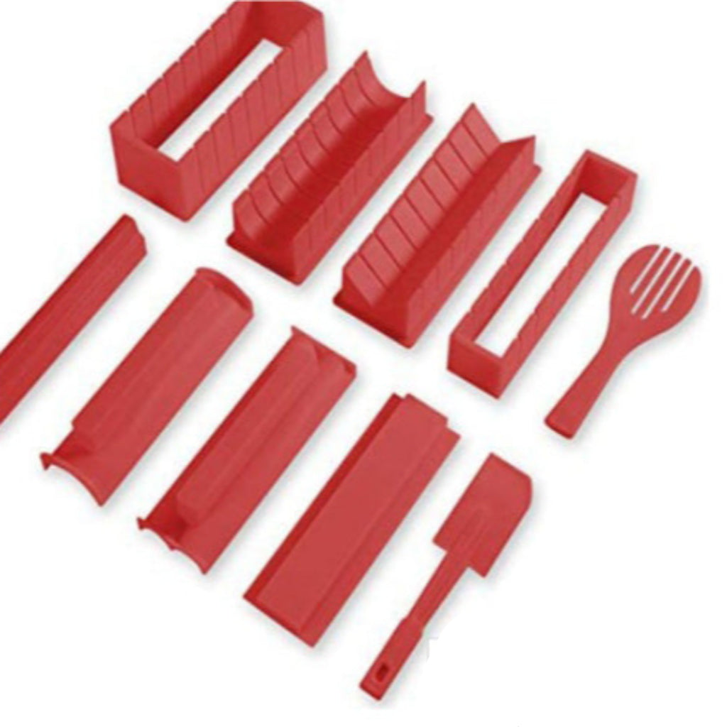 Red plastic kitchen tools and accessories on a white background with a user manual.