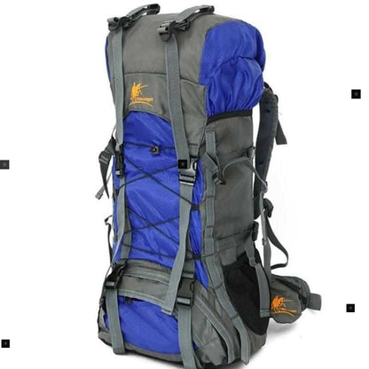 Blue and gray backpack with visible brand logo on a white background