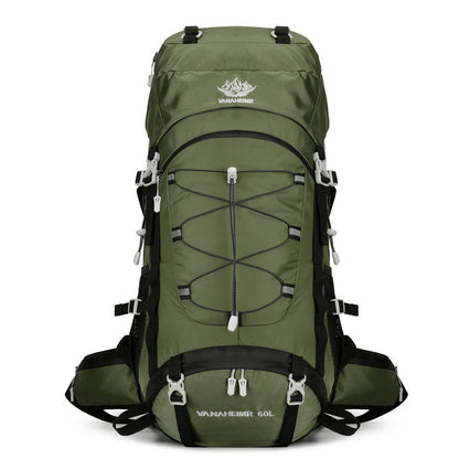Green backpack with black straps on a white background
