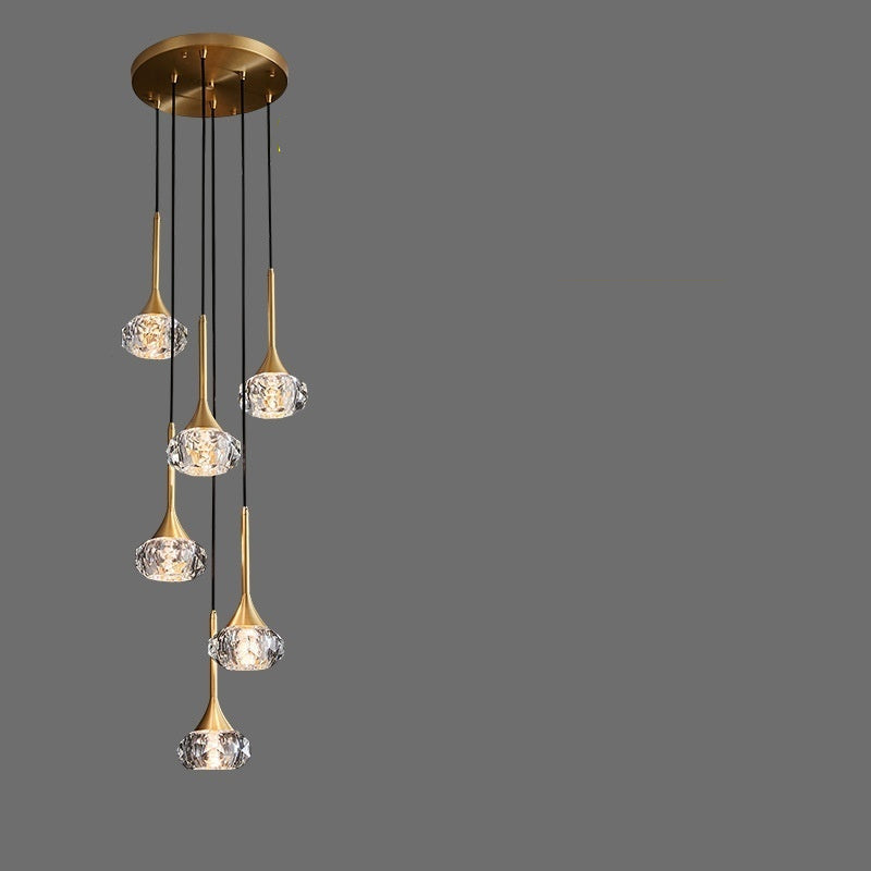 Chandelier with six crystal lights on a gray background, featuring dimensions and product details.