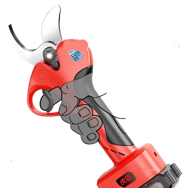 Red electric pruning shears with safety features on a dark background