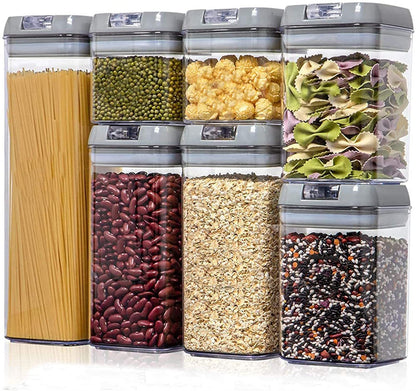 Set of clear storage containers with lids, each filled with different types of dry food.