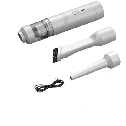 White handheld vacuum cleaner with attachments on a gray background