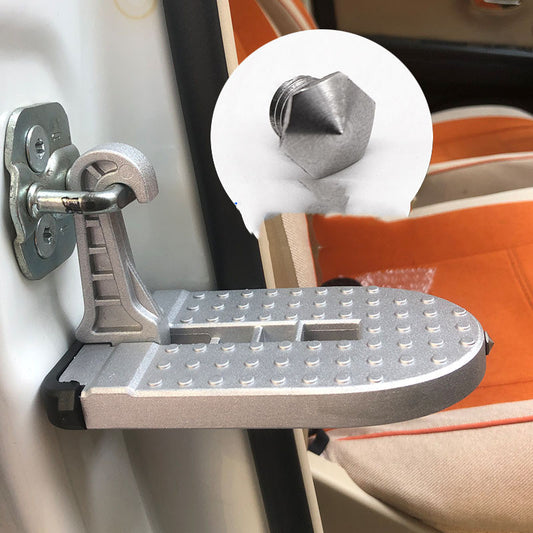 Car door step with a detailed view of a bolt, attached to a car door.