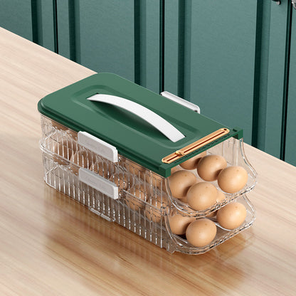 Green and clear egg holder with eggs on a wooden surface