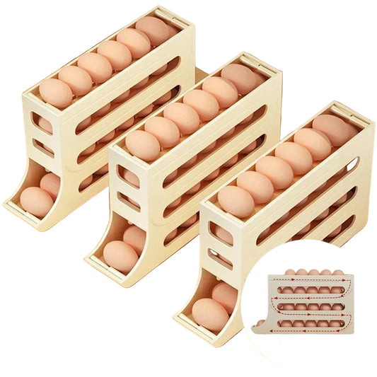 Three wooden egg holders with eggs on a wooden surface, labeled 'Keep It Fresh'.