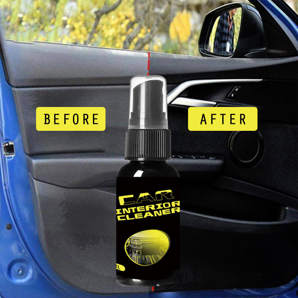 Car interior cleaner spray bottle with 'Before' and 'After' comparison on car door.
