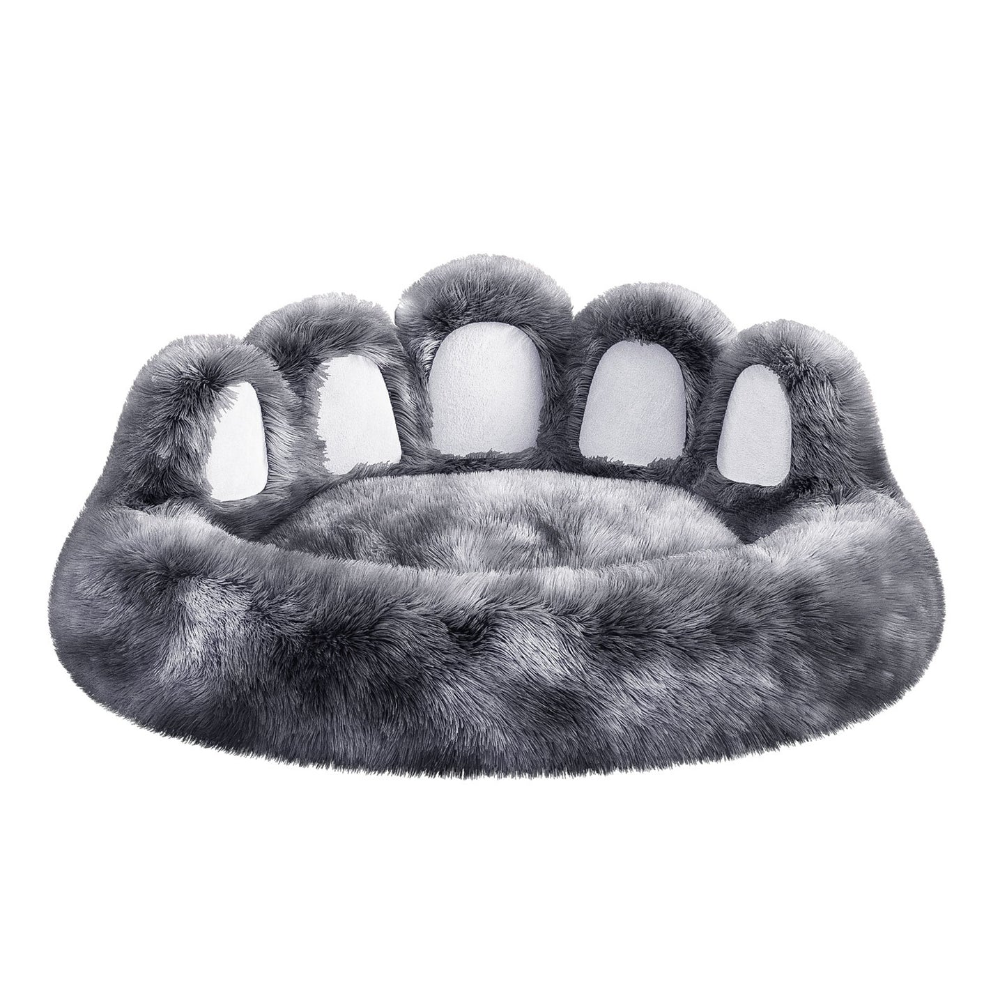 Gray paw-shaped pet bed on a white background