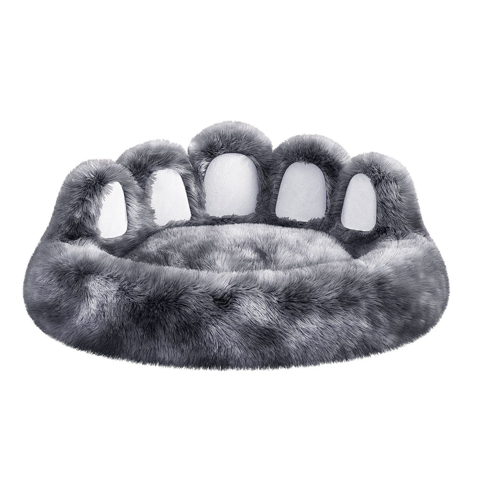 Gray paw-shaped pet bed on a white background