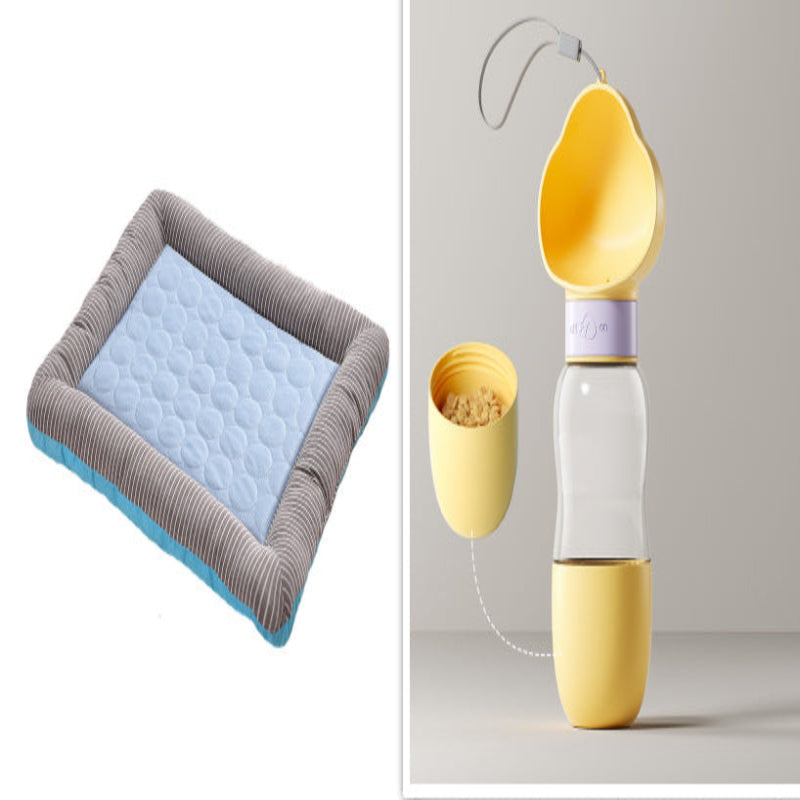 Collage of a quilted pet mat and a yellow and white bottle with a detachable cap.