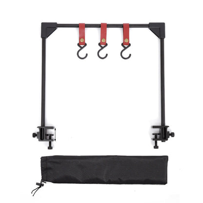 Measurement chart of a black metal frame with hooks and straps, including dimensions.