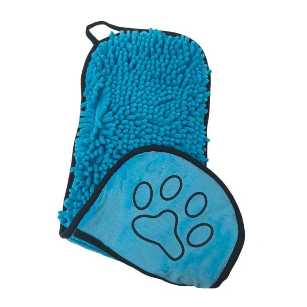 Blue chenille pet grooming mitt with a paw print design on a white background