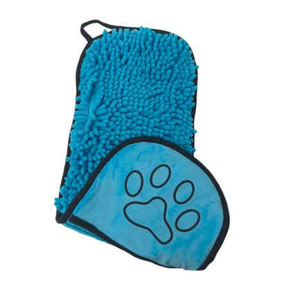Blue chenille pet grooming mitt with a paw print design on a white background