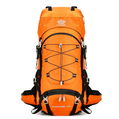 Orange hiking backpack with black straps on a white background