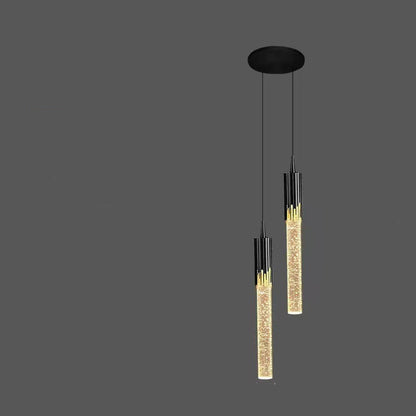 Black pendant light with gold accents and measurements on a dark gray background