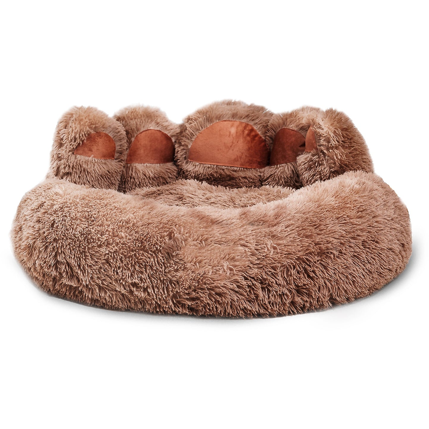 Brown fluffy pet bed with elevated platform on a white background