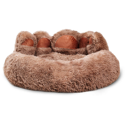 Brown fluffy pet bed with elevated platform on a white background
