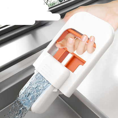 Window cleaning tool with water being sprayed, brand 'Elution' visible