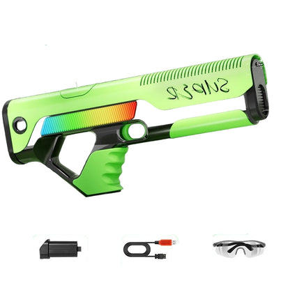 Electric water gun with green and black design, showing features and accessories on a dark background.