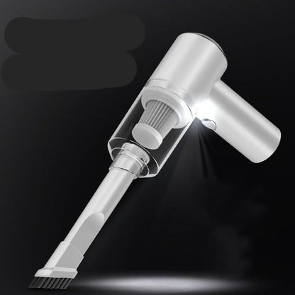 Handheld vacuum cleaner with power specifications on a black background