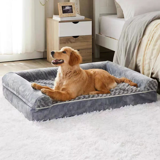 Dog lying on a gray pet bed in a bedroom