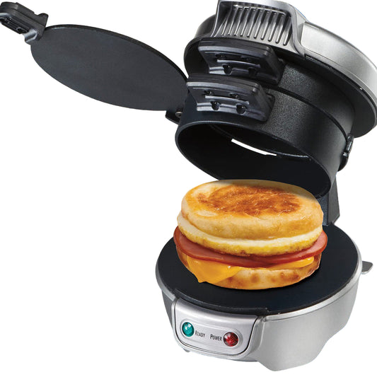 Breakfast sandwich maker with a sandwich inside on a blue background