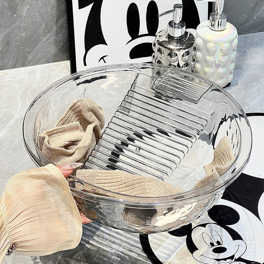 One-piece Plastic Thickened Laundry Basin with Washboard – Transparent Durable Laundry Tool