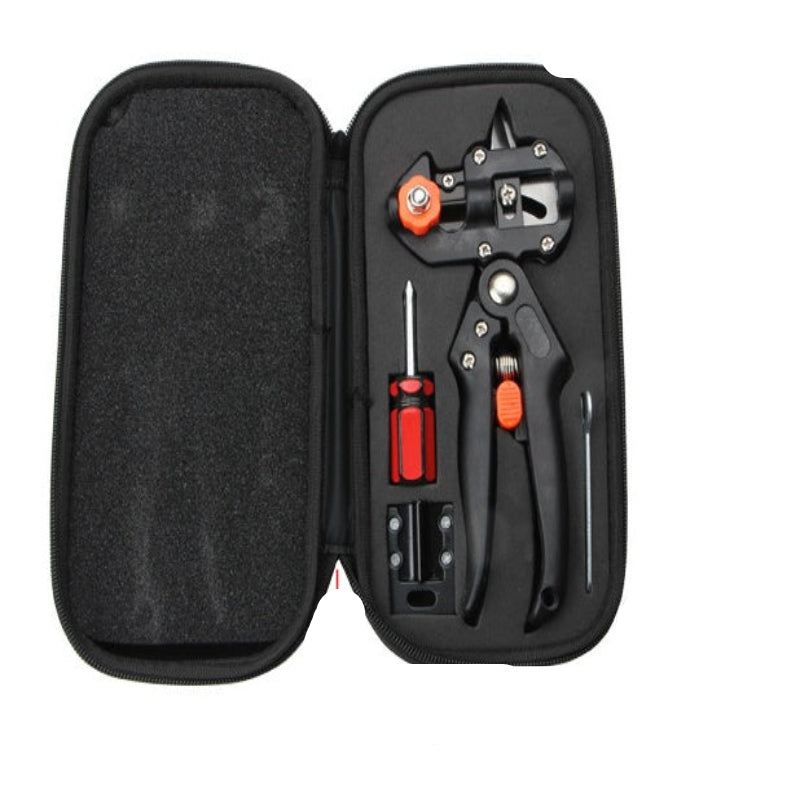 Gardening tool set in a black case with measurements on a white background